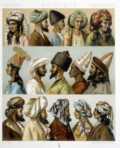 Asiatiska frisyrer - i "" Den historiska kostymen"" av Racinet, sent 1800-tal av Albert Charles August Racinet