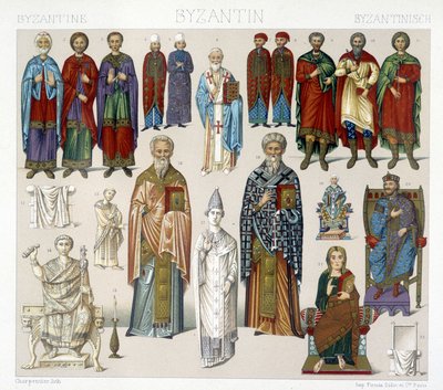 Bysantinska kostymer. Illustration i "Den historiska kostymen" av Racinet av Albert Charles August Racinet