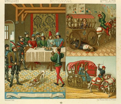 Slottsliv och transportmedel den 14:e, Illustration från The Complete Costume History av Racinet Auguste av Albert Charles August Racinet