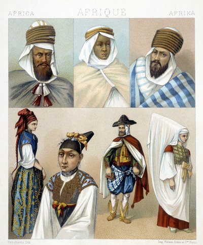 Kostymer och frisyrer från Algeriet. Illustration i "" Le costume historique"" av Racinet av Albert Charles August Racinet