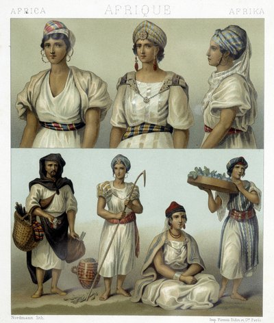Kostymer och huvudbonader av kabylkvinnor (överst). Tunisiska och algeriska dräkter (nederst). Illustration i "" Le costume historique"" av Racinet av Albert Charles August Racinet