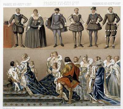 Dräkter av drottning Marguerite av Frankrike (nederst) och Henrik IV (överst) på 1600- och 1700-talen. Illustration i "" Le costume historique"" av Racinet av Albert Charles August Racinet