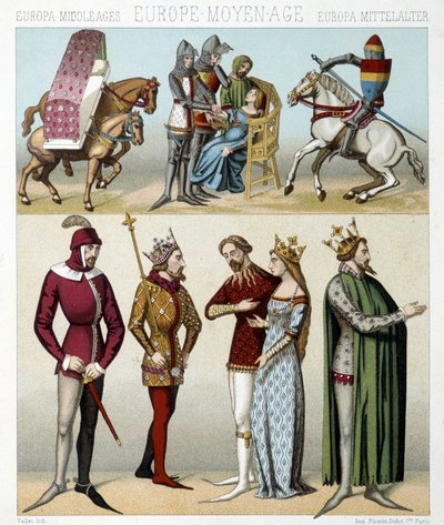 Medeltidens dräkter i Frankrike. Illustration i "Le costume historique"" av Racinet av Albert Charles August Racinet