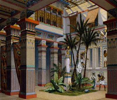 Egypten, interiör i en rik persons hem i det antika riket, litografi av Charpentier, från Le Costume Historique (Kostymhistoria), Vol II, av Auguste Racinet. av Albert Charles August Racinet