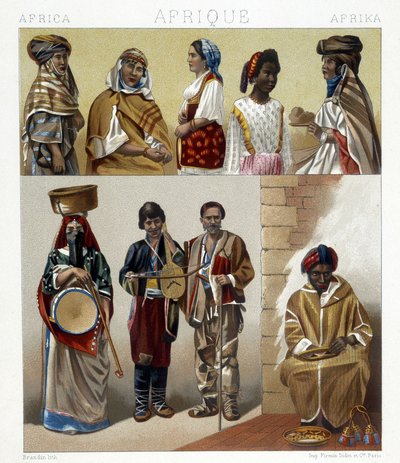 Egyptiska dräkter. Illustration i "Den historiska kostymen" av Racinet av Albert Charles August Racinet