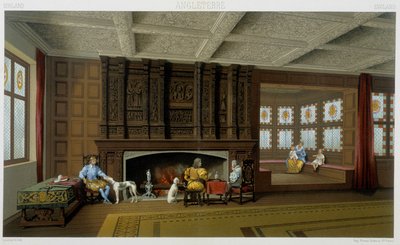 Engelsk lord och hans familj i hans 1600-talshem. Kromolitografisk platta - i "" Le costume historique"" av Racinet av Albert Charles August Racinet