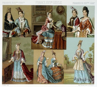 Mode och frisör i Frankrike på 1700-talet - i "" Le costume historique"" av Racinet, sent 1800-tal av Albert Charles August Racinet