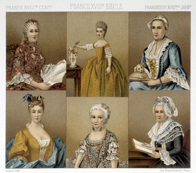 Franskt feminint mode på 1700-talet. Illustration i "" Le costume historique"" av Racinet av Albert Charles August Racinet