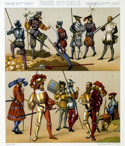 Franska militärdräkter på 1500-talet. Kromolitografisk platta - i "" Le costume historique"" av Racinet av Albert Charles August Racinet