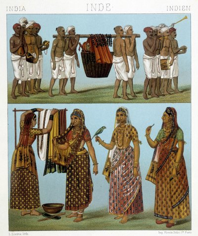 Begravning (överst på bilden) och tvätt (nederst på bilden) i Indien. Illustration i "" Le costume historique"" av Racinet av Albert Charles August Racinet