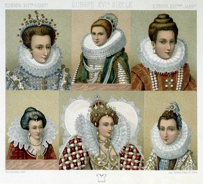 Frisörverksamhet i Frankrike på 1500-talet (och porträtt av Marie de Medici) - i "" Le costume historique"" av Racinet, sent 1800-tal av Albert Charles August Racinet