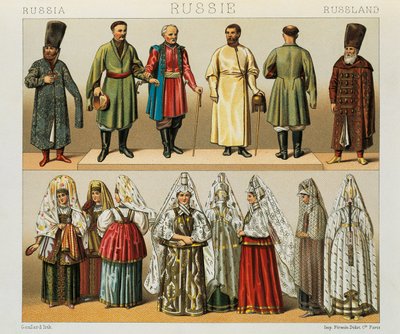Det ryska folkets historiska klänning, Illustration från The Complete Costume History av Racinet Auguste av Albert Charles August Racinet