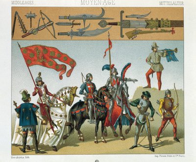 Illustration från Auguste Racinets historiska kostymer, volym IV, franska ryttare av Albert Charles August Racinet