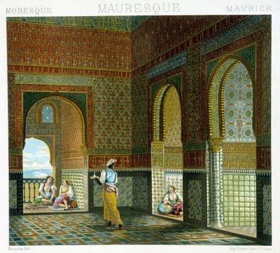 Interiör av ett moriskt hus (Alhambra, välsignelsens rum). Kromolitografisk platta - i "" Le costume historique"" av Racinet av Albert Charles August Racinet