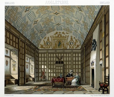 Interiör av ett ståtligt hus i England på 1600-talet. Illustration i "" Le costume historique"" av Racinet av Albert Charles August Racinet