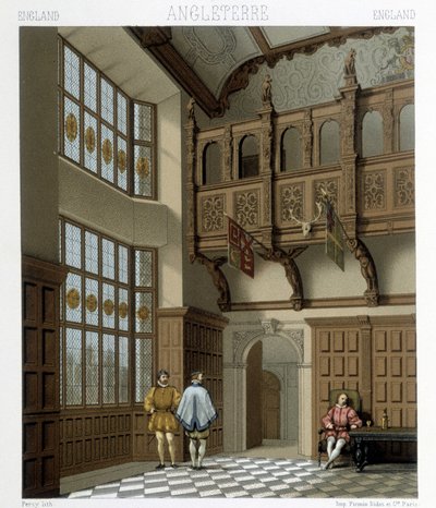 Interiör av ett ståtligt hus i England på 1700-talet. Illustration i "" Le costume historique"" av Racinet av Albert Charles August Racinet