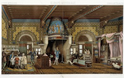 Interiör av en ståtlig herrgård under medeltiden - i "" Den historiska kostymen"" av Racinet av Albert Charles August Racinet