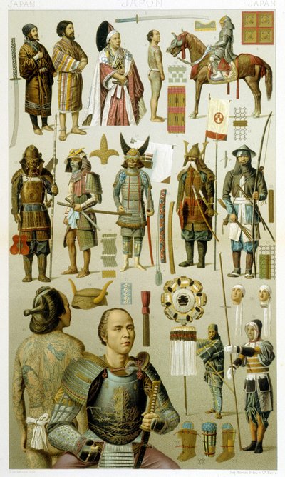 Japanska krigarkostymer (samoura eller yakuza eller yakuza). Kromolitografisk platta - i "" Le costume historique"" av Racinet av Albert Charles August Racinet