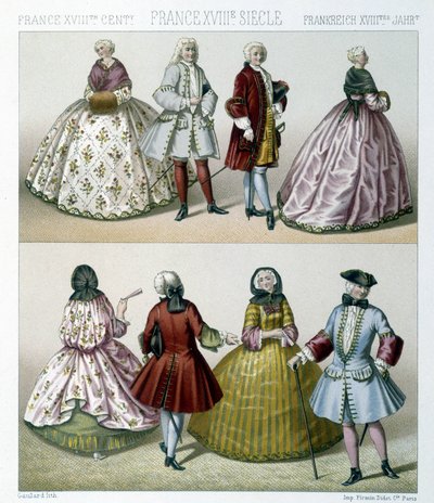 Män och kvinnor som bär moderiktiga 1700-talsdräkter i Frankrike. Illustration i "" Le costume historique"" av Racinet av Albert Charles August Racinet