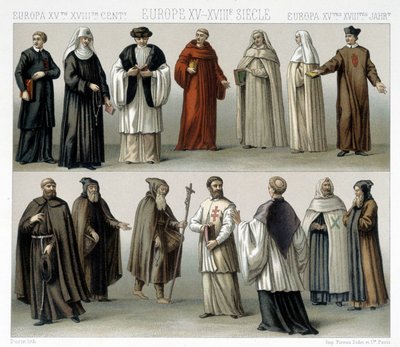 Monastiska dräkter i Europa från 1400- till 1700-talen. Illustration i "" Le costume historique"" av Racinet av Albert Charles August Racinet