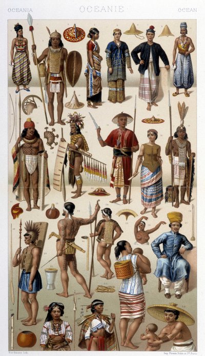 Folk i Malaysia och Polynesien (Oceanien). Illustration i "" Le costume historique"" av Racinet av Albert Charles August Racinet