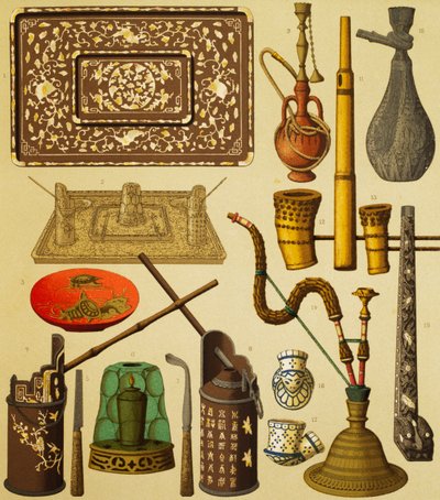 Pipa och föremål som används av rökare, litografi av Schmidt från The Complete Costume History, första volymen, av Auguste Racinet (1825-1893), Paris av Albert Charles August Racinet