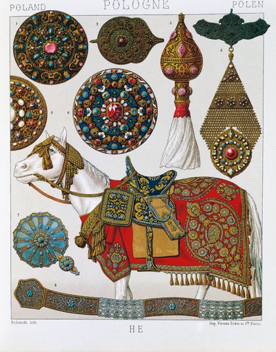 Polska ornament, hästhusarer, litografi hämtad från Schmidts Costume historique, volym V av Albert Charles August Racinet