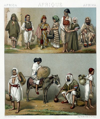 Populära kostymer från Algeriet och Tunisien. Illustration i "" Le costume historique"" av Racinet av Albert Charles August Racinet