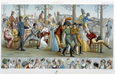 Borgerligheten går till Longchamp, deb. 1800-talet - i "" Le costume historique"" av Racinet av Albert Charles August Racinet