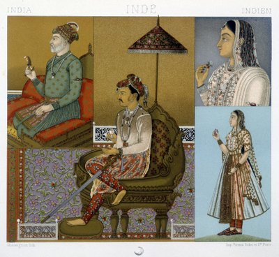 Traditionella Mugoler och Maharajah-dräkter i Indien - i "" Den historiska kostymen"" av Racinet av Albert Charles August Racinet