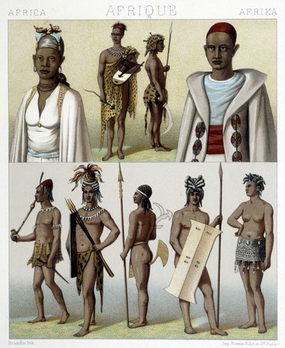 Traditionella dräkter och smycken från Timbuktu och Upper Nile. Illustration i "" Le costume historique"" av Racinet av Albert Charles August Racinet