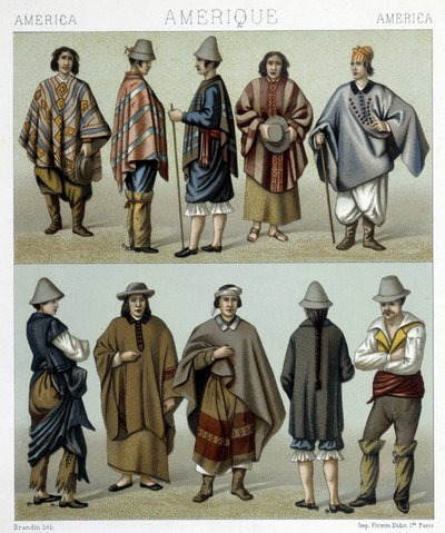 Traditionella dräkter i Chile. Illustration i "Den historiska kostymen" av Racinet av Albert Charles August Racinet