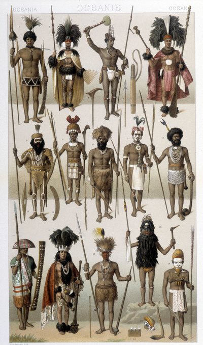 Traditionella dräkter av ursprungsbefolkningen i Oceanien. Illustration i "" Le costume historique"" av Racinet av Albert Charles August Racinet