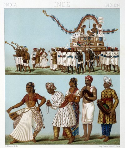 Transport, musik, dans och traditionella kostymer i Indien. Illustration i "" Le costume historique"" av Racinet av Albert Charles August Racinet