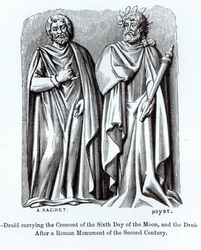 Två druider, en bär halvmånen av sjätte måndagen, efter ett romerskt monument från andra århundradet, illustration från vetenskap och litteratur under medeltiden och renässansen, skriven av Albert Charles August Racinet