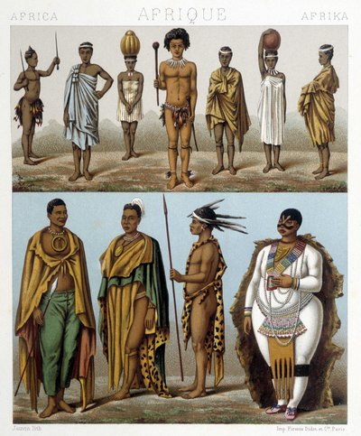 Olika män från södra Afrika. Illustration i "Le costume historique"" av Racinet av Albert Charles August Racinet