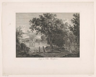 Utsikt över sjön vid Villa Borghese Lago i Villa Borghese (titel på objekt) Malerisch radirte Prospekt aus Italien (serietitel) av Albert Christoph Dies