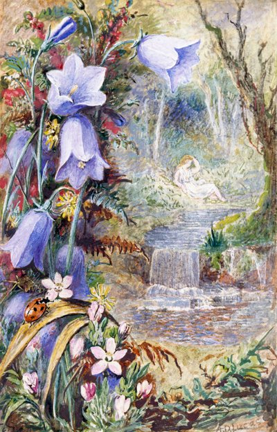 "Landskap av Arcadia, representerat som lyckans land. En kvinna sitter vid en bäck och en nyckelpiga vilar på en växt. Målning av Albert Durer Lucas (1828-1918) 1880 Privat samling av Albert Durer Lucas