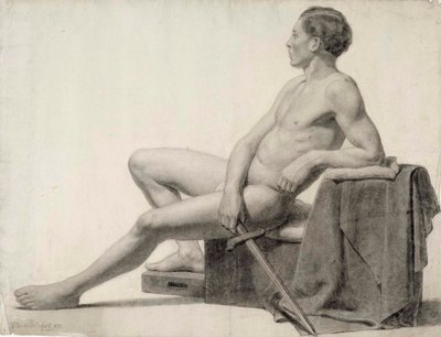 Sittande manlig modell som håller ett svärd, akademisk studie av Albert Edelfelt