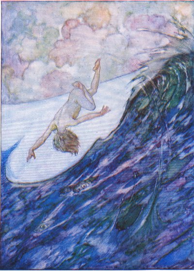 Han gav tre fartyg upp ur vattnet, en yard hög, och pladask, från The Water Babies pub. av Humphrey Milford Oxford University Press, ca 1930 (färg litho) av Albert Edward Jackson
