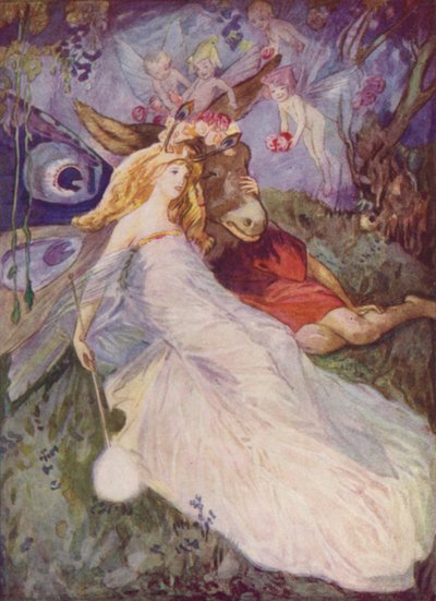 Shakespeare: Bottom and the Fairy Queen, En midsommarnattsdröm, akt IV, Scene I (färg litho) av Albert Edward Jackson