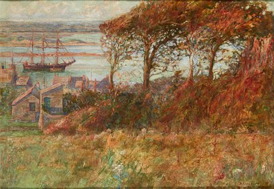 Skogsdunge ovanför hamnen på hösten (olja på duk) av Albert Ernest Victor Lilley