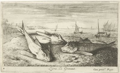 Tre saltvattenfiskar på stranden Lyta, Legrenaut. (titel på objekt) Fiskar och andra havsdjur - saltvatten första serie (serietitel) Diverses Especes de Poissons de mer (serietitel) av Albert Flamen