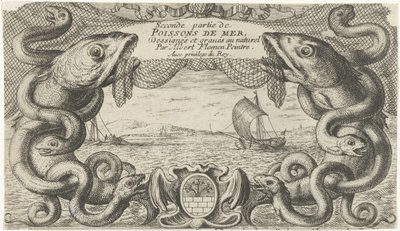 Havslandskap med gränsen av havsdjur och ett fiskenät Fiskar och andra havsdjur - saltvattens andra serie (serietitel) Poissons de mer (serietitel på objekt) av Albert Flamen