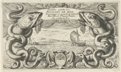 Havslandskap med havsdjurskant och ett fiskenät Fiskar och andra havsdjur - saltvattens andra serie (serietitel) Poissons de mer (serietitel på objekt) av Albert Flamen