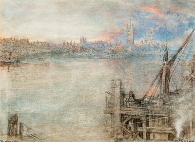Westminster med Houses of Parliament i solnedgången (penna  svart bläck  akvarell med skrapning på papper) av Albert Goodwin