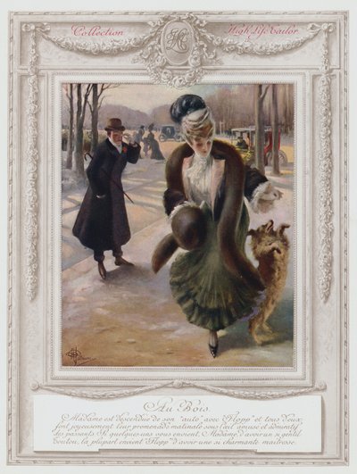 Belle Epoque Paris, moderiktig dam i Bois de Boulogne (färg litho) av Albert Guillaume