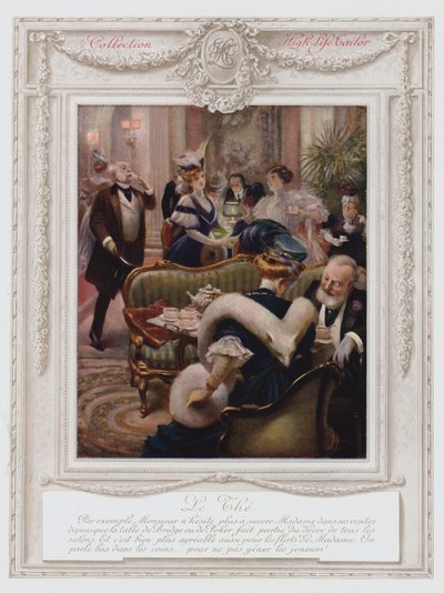 Belle Epoque Paris, Fashionabla dam som tar te (färg litho) av Albert Guillaume