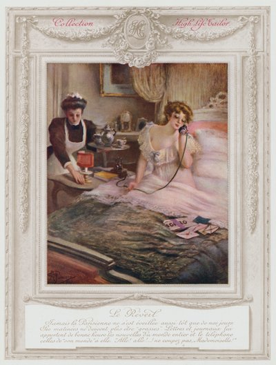 Belle Epoque Paris, Fashionabla dam som vaknar (färg litho) av Albert Guillaume