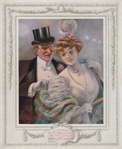 Belle Epoque Paris, moderiktig dam med sin beundrare (färg litho) av Albert Guillaume